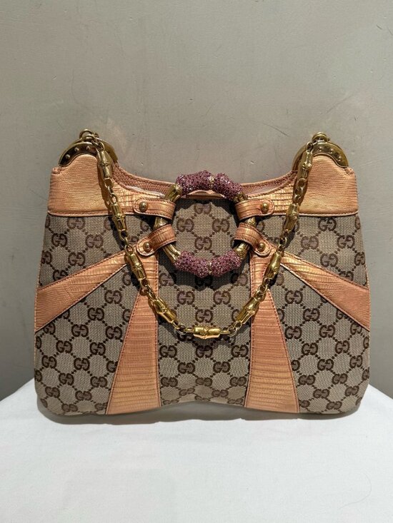 Gucci Handbags - Gucci Tom Ford Era GG Canvas Vintage Shoulder Bag with Pink Crystal Bamboo Ring